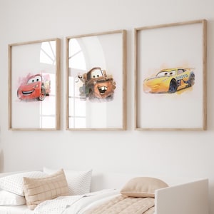 Lightning McQueen Printable Wall Art – Watercolor Cars Nursery Decor – Digital Download for Kids Room