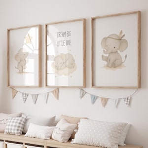 Elephant Nursery Wall Art Set of 3 | Baby Elephant Prints | Neutral Elephant Baby Room Decor | Dream Big Little One | Digital Download