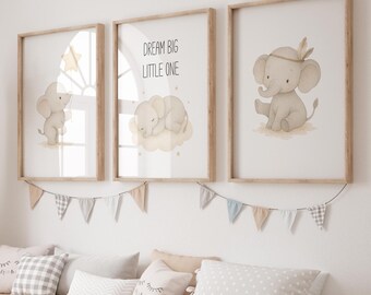 Elephant Nursery Art Set of 3: Watercolor Prints (Digital Download)