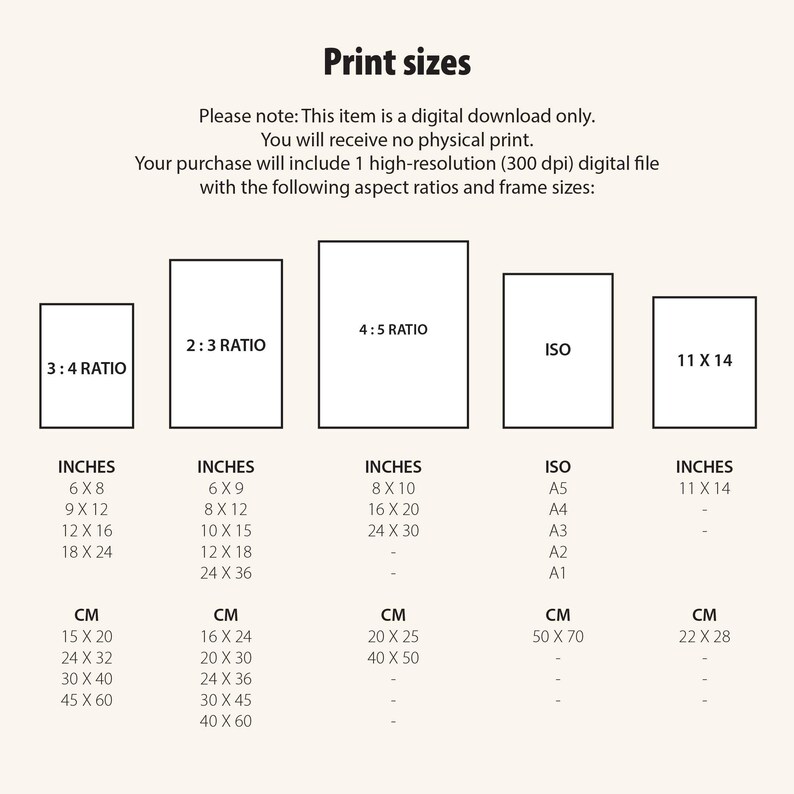 May include: An image with the text "Print sizes" and a list of print sizes in inches and centimeters. The image shows different aspect ratios, including 3:4, 2:3, 4:5, ISO, and 11 X 14, with corresponding dimensions.