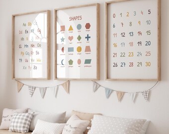 Educational Nursery Wall Art Set of 3 | ABC Poster, Numbers Chart & Shapes Print – Digital Download for Kids Room