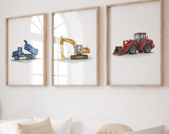 Construction Truck Watercolor Print Set: Boys Room Decor (Digital Download)