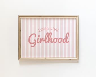 Peach Stripe Nursery Print: "Long Live Girlhood" Girl's Room Wall Art (Digital Download)
