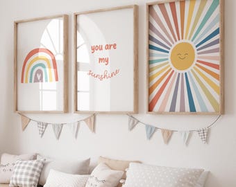 Rainbow & Sun Nursery Prints: Boho Baby Room Wall Art (Digital Download Bundle)