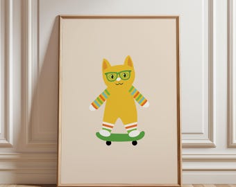 Cat Skateboarding Nursery Art: Playful Kids Room Decor (Digital Download)