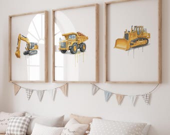 Yellow Construction Truck Watercolor Print Set: Boys Room Decor (Digital Download)