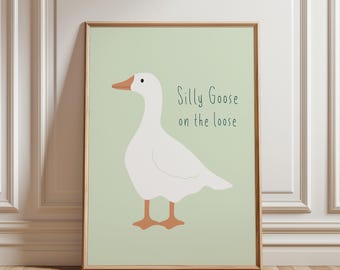 Lámina infantil de Silly Goose: Ilustración de un pato verde de género neutro (descarga digital)