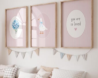Pink Nursery Wall Art Set: Goose, Hydrangea, 'You Are So Loved' Quote (Digital Download)