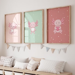 Set of 3 Axolotl Wall Art Prints, Kawaii Nursery Decor, Cute Pink Salamander Digital Download for Kids Room or Baby Girl Gift