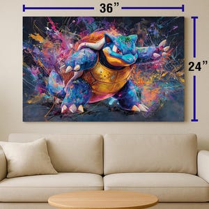 May include: A vibrant canvas print featuring a blue and yellow turtle-like creature with outstretched arms, set against a colorful, abstract background. The artwork measures 36 inches wide and 24 inches high.