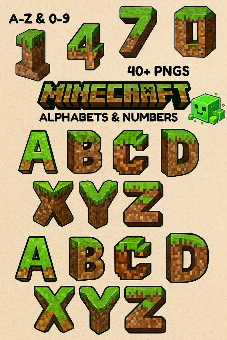 Minecraft Font & Clipart Bundle – Alphabet PNG, Gamer Party Download ...