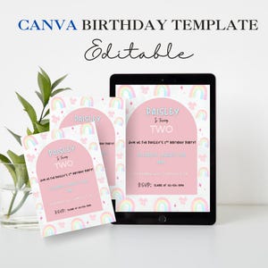 Boho Rainbow Birthday Invitation Girl l Editable Canva Template l Pastel Birthday Invite l Instant Download / 1st 2nd 3rd Birthday DIgital