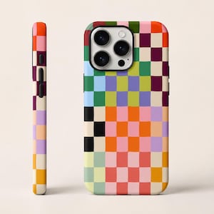 Coque iPhone à damier coloré, coque de téléphone patchwork rétro, accessoire color block pastel