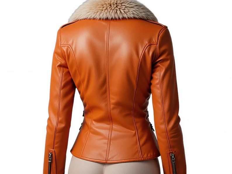 May include: A burnt orange leather jacket with a faux fur collar. The jacket has a fitted silhouette with a zipper closure and zippers on the sleeves. The back view shows the tailored seams and design details.