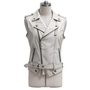 Women White Sleeveless Leather Biker Vest for  – Stylish Moto Jacket with Belt & Zipper Details
