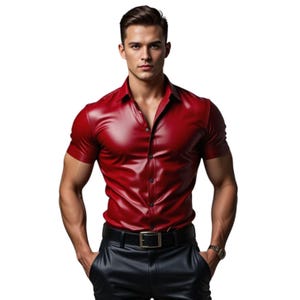 Puede incluir: Una camisa de manga corta con botones de color rojo oscuro. La camisa está hecha de un material brillante, posiblemente cuero o un tejido similar al cuero. Se combina con pantalones negros y un cinturón negro con hebilla plateada. Se ve un reloj en la muñeca.
