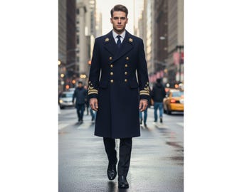 Luxury Wool Military Coat | Men's Navy Overcoat with Gold Buttons