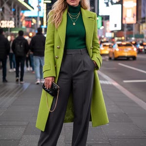 May include: A woman in a lime green coat with gold buttons, a dark green turtleneck, and grey trousers. She holds a black clutch with a gold chain. The background shows a city street with yellow taxis.