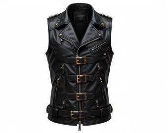 Men's Black Leather Biker Vest with Gold Buckles – Stylish Motorcycle Jacket Vest for Men