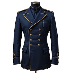 Marinblå asymmetrisk lång kappa i militärstil | Guldkantad formell herrofficerskavaj | Frack inspirerad av ceremoniell uniform