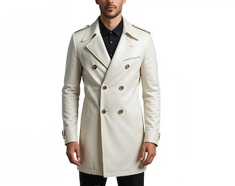 Gabardina blanca para hombre / Abrigo largo cruzado / Chaqueta elegante formal de invierno
