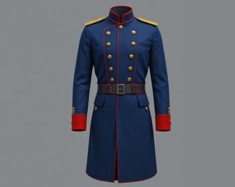 May include: A navy blue military-style coat with red trim and gold buttons. The coat features a high collar, epaulettes, and a matching belt. The sleeves have red cuffs. The coat is knee-length.