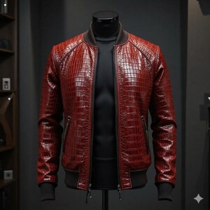 May include: A burgundy leather bomber jacket with a crocodile skin texture. The jacket has a black collar, cuffs, and hem. It features a zipper closure and two side pockets. The jacket is displayed on a black mannequin.