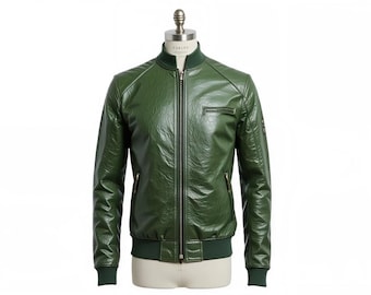 Men's Green Genuine Leather Bomber Jacket | Crocodile Texture