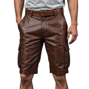 Men&#39;s Brown Faux Leather Cargo Shorts – Stylish Summer Streetwear with Side Pockets