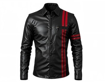 Men’s Genuine Leather Shirt Jacket with Red Stripes | Slim Fit Black Leather Jacket | Casual Moto Streetwear | Premium Handmade Outerwear