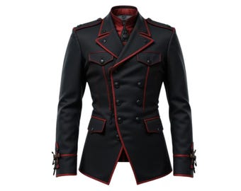 Men’s Gothic Military Style Black Coat with Red Piping – Single Breasted Officer-Inspired Long Jacket