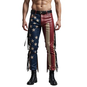 Unisex American Flag Leather Fringe Pants – Western Biker Rodeo Style USA Patriotic Pants for Men & Women