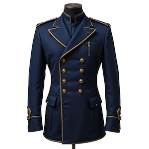 Navy Blue Asymmetrical Military Style Long Coat | Gold Trimmed Formal Men’s Officer Jacket | Ceremonial Uniform Inspired Tailcoat
