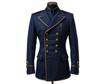 Navy Blue Asymmetrical Military Style Long Coat | Gold Trimmed Formal Men’s Officer Jacket | Ceremonial Uniform Inspired Tailcoat