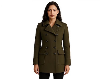 Double Breasted Wool Coat With Hood, Green Peacoat Women, Fit and