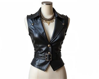 Black Faux Leather Biker Vest - Vegan Moto Waistcoat with Belt