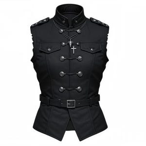 Pode incluir: Colete preto de estilo militar com gola alta, ombreiras e botões prateados decorativos. O colete apresenta uma silhueta ajustada, um cinto na cintura e um pendente de cruz prateada. Uma peça de vestuário elegante.