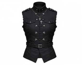 Men's Gothic Military Style Black Leather Vest - Cross Button Front, Adjustable Belt, Unique Design for Bold Fashion
