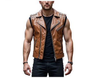 Brown Faux Leather Biker Vest | Skull Patch Motorcycle Club Vest