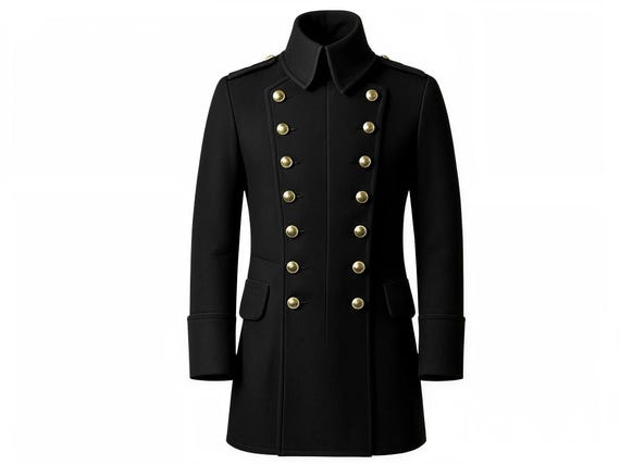 Men's Black Wool Military Coat | Double Breasted Steampunk Jacket