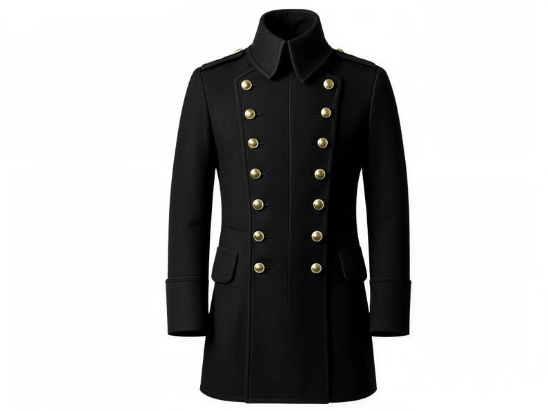 May include: A black double-breasted coat with gold-colored buttons. The coat has a high collar, long sleeves, and two front pockets. The buttons are arranged in two vertical rows.
