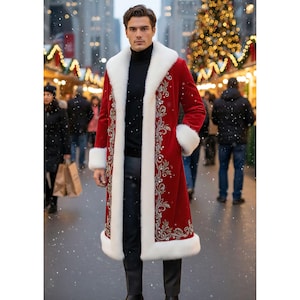 Abrigo navideño de terciopelo rojo para hombre: abrigo largo navideño hecho a mano con ribete de piel sintética y detalles bordados. Chaqueta navideña para disfraz. Tallas personalizadas.