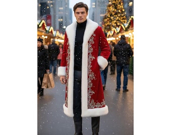 Men’s Red Velvet Santa Coat – Handmade Christmas Long Coat with Faux Fur Trim & Embroidered Detailing  Holiday Costume Jacket – Custom Sizes