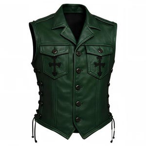 May include: A dark green leather vest with a notched collar, two front pockets, and a button-up closure. Black cross emblems are embroidered on the pockets. The sides feature lace-up detailing.
