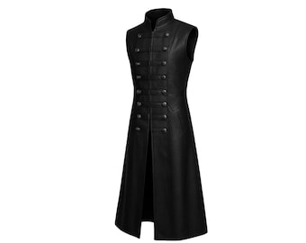 May include: A black, sleeveless, knee-length coat with a mandarin collar. The coat has a double-breasted design with multiple buttons and a split front. The garment is made of a smooth, leather-like material.