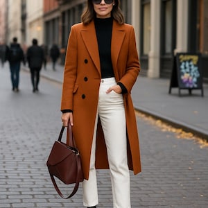Puede incluir: Una mujer con un abrigo de doble botonadura color óxido, un cuello alto negro, vaqueros blancos y botas negras. Lleva un bolso burdeos. El fondo muestra una calle de la ciudad con adoquines y edificios.