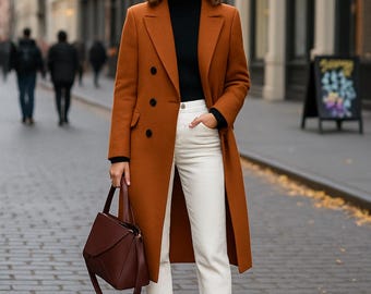 Rust Orange Wool Coat - Women's Double-Breasted Overcoat