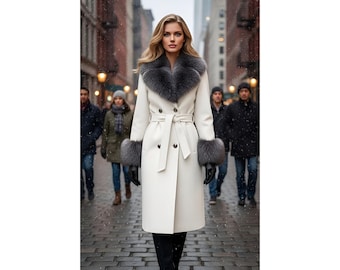 Luxury White Wool Coat with Faux Fur Collar & Cuffs | Winter Long Overcoat for Women | Elegant Double-Breasted Belted Coat