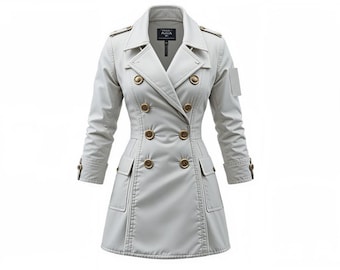Stylish Women's Double-Breasted Trench Coat – Classic Beige with Gold Detailing