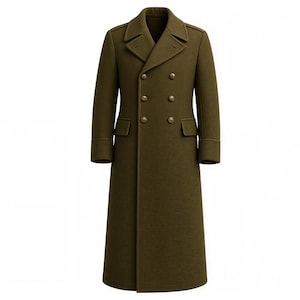 Men’s Military Style Long Wool Overcoat – Double Breasted Trench Coat, Vintage Army Green Winter Jacket